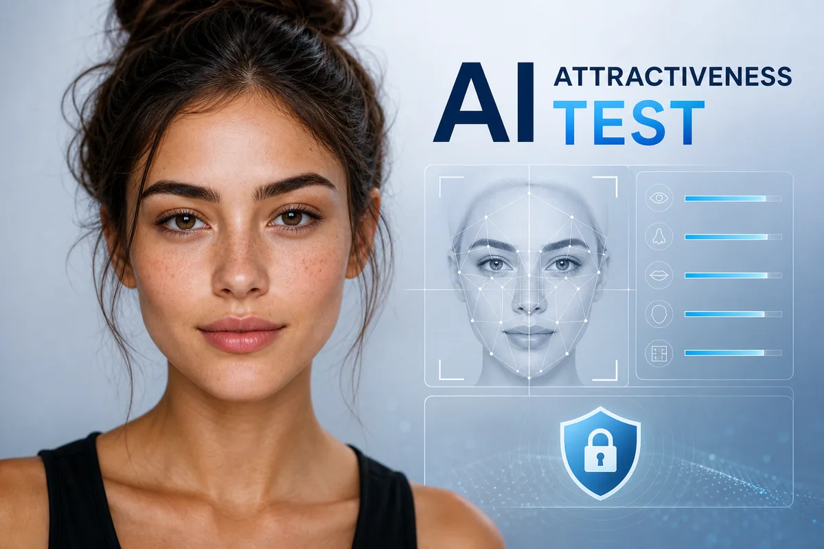 Interface de test d’attractivité IA analysant les repères du visage, la symétrie et la confidentialité