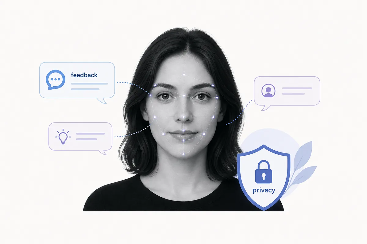 Editorial illustration of ChatGPT giving face photo feedback with privacy and facial landmark cues