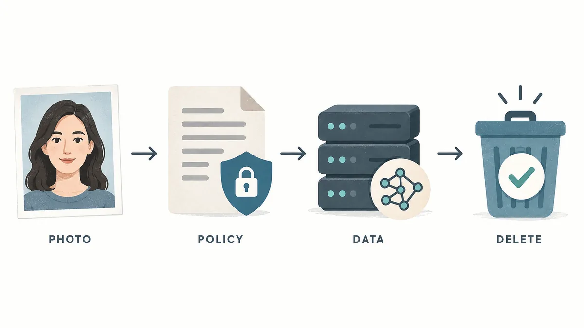 Flujo editorial de cuatro pasos: foto, política de privacidad, datos y borrado