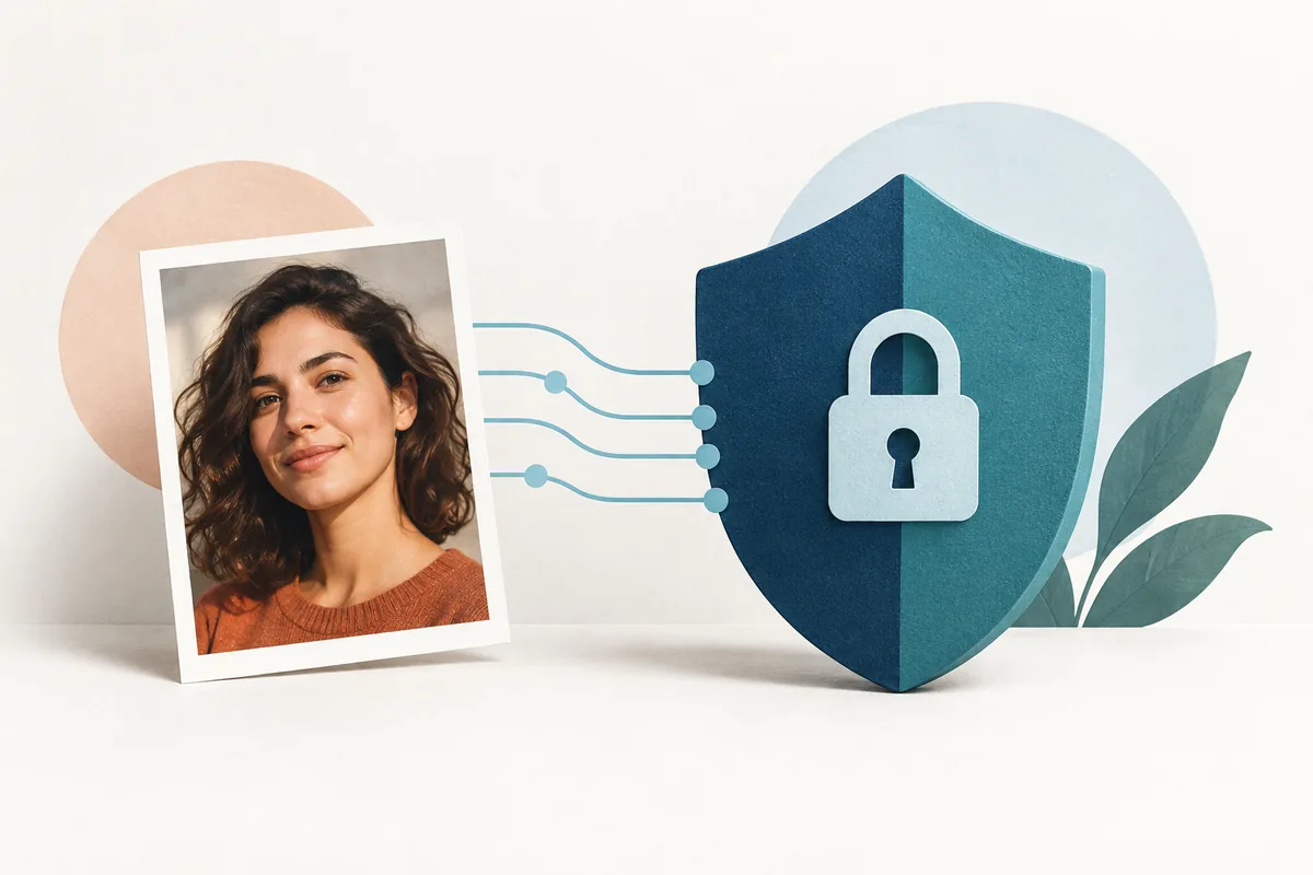 Una foto de retrato conectada a un escudo de privacidad y un candado