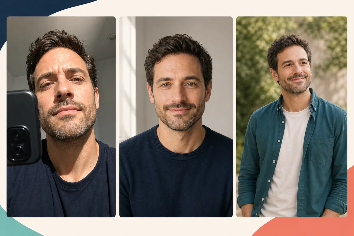 Three versions of one profile portrait with different lighting, crop, and camera distance