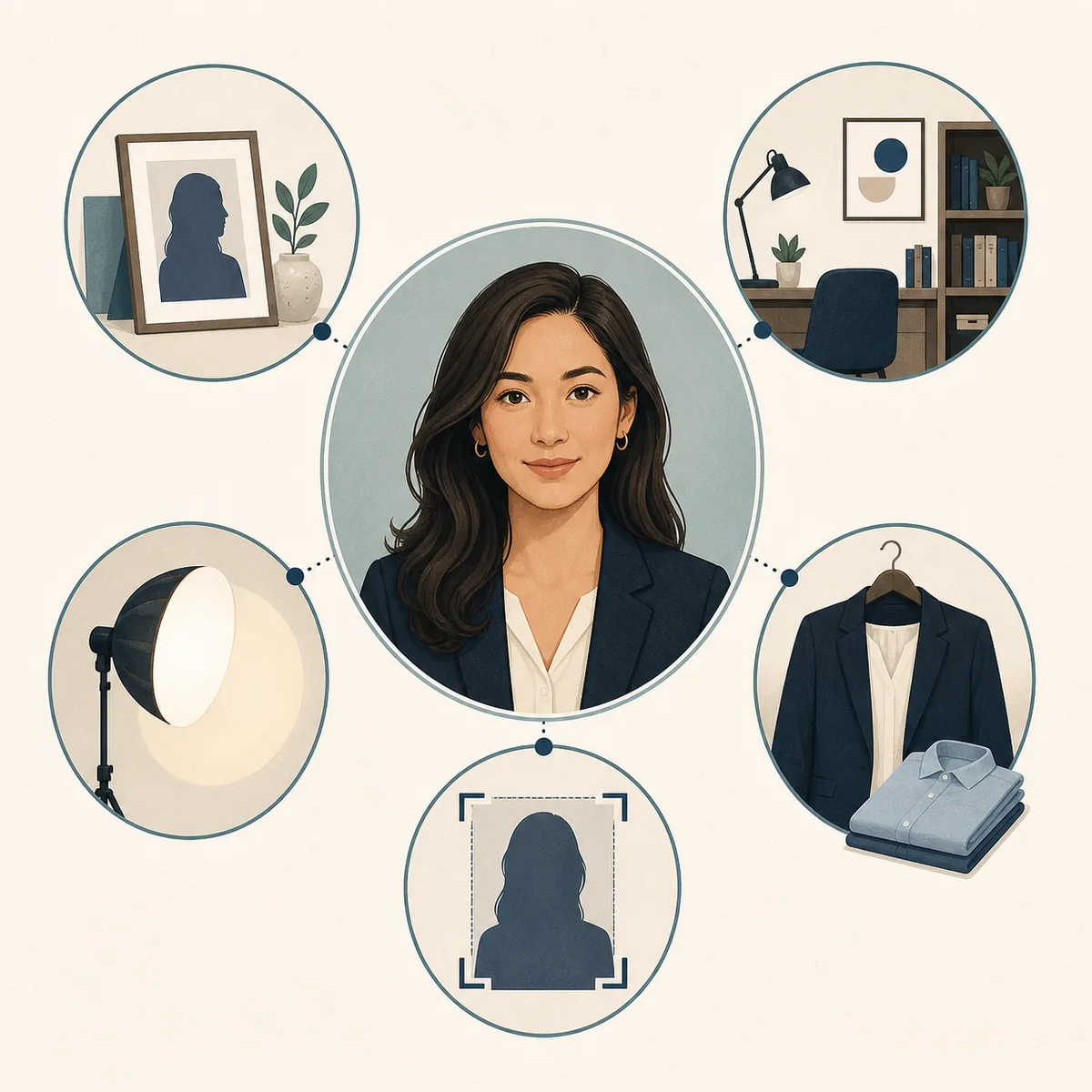 本人らしさ、構図、光、背景、服装で構成されたプロフィール写真AIプロンプトの要素