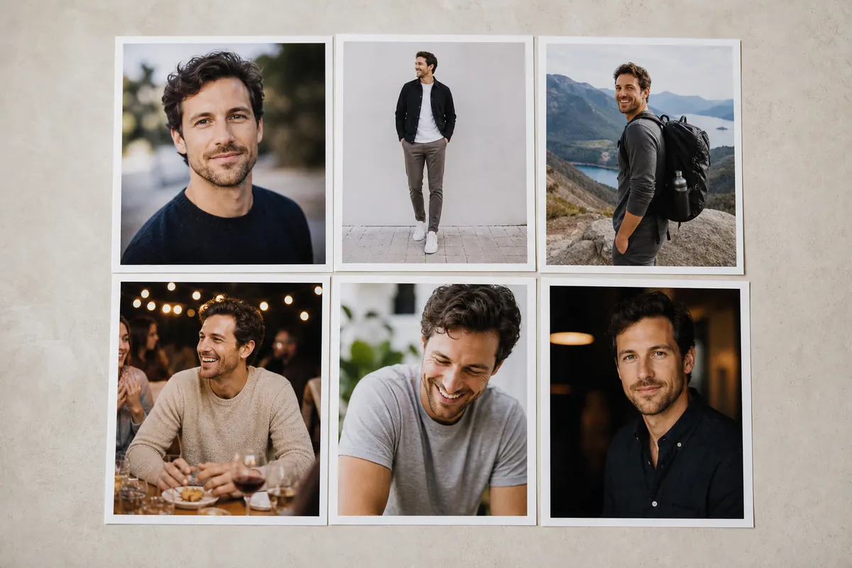Six dating profile photos arranged as a Tinder photo sequence